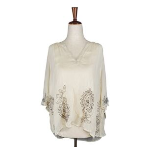 En Creme Beaded Embroidered Women's Bell Sleeve Blouse - Large